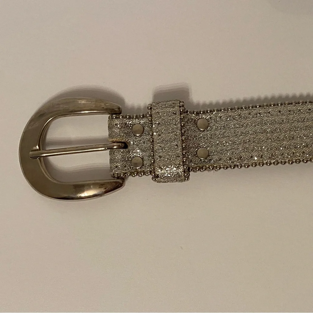 THE ICING BELT SILVER SPARKLE GLITTER METALLIC BEADED EDGES VINTAGE SIZE L